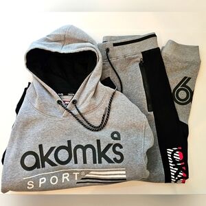 Akademiks Sport Casual Set Long-Sleeved Hoodie Sweatpants Gray & Black Sz XL